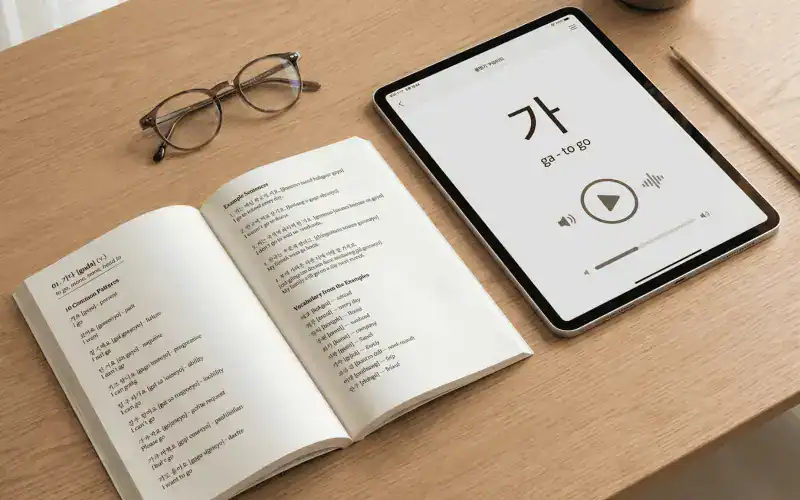 Korean study book and flashcard learning setup on a desk