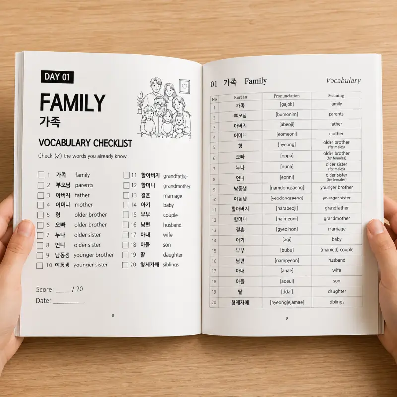 Hands holding open vocabulary checklist and Korean word list pages