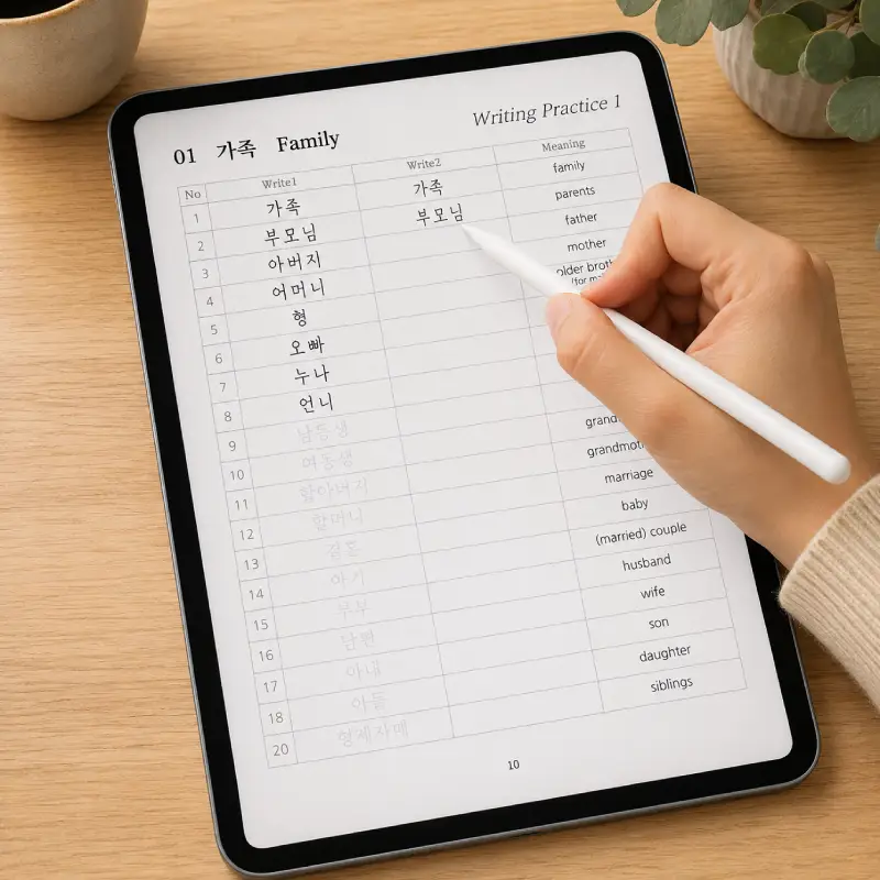 Learner practicing Korean writing on a tablet with a stylus
