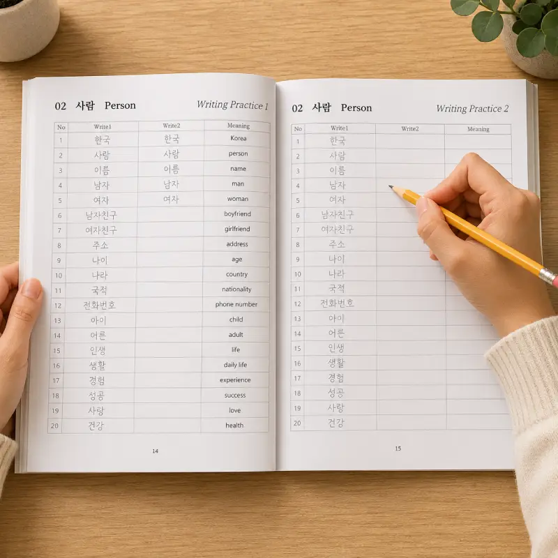 Learner writing Korean vocabulary with a pencil in an open paperback workbook